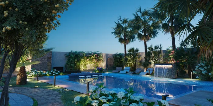 نمای غروب محوطه سازی لاکچری با استخر